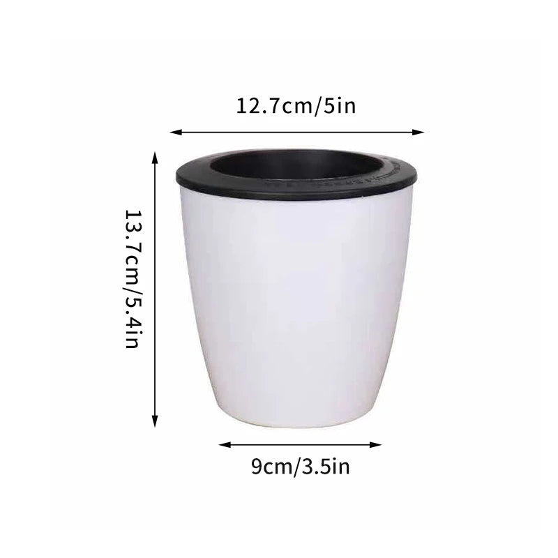 White self-watering flower pot with black top rim, shown with size measurements.