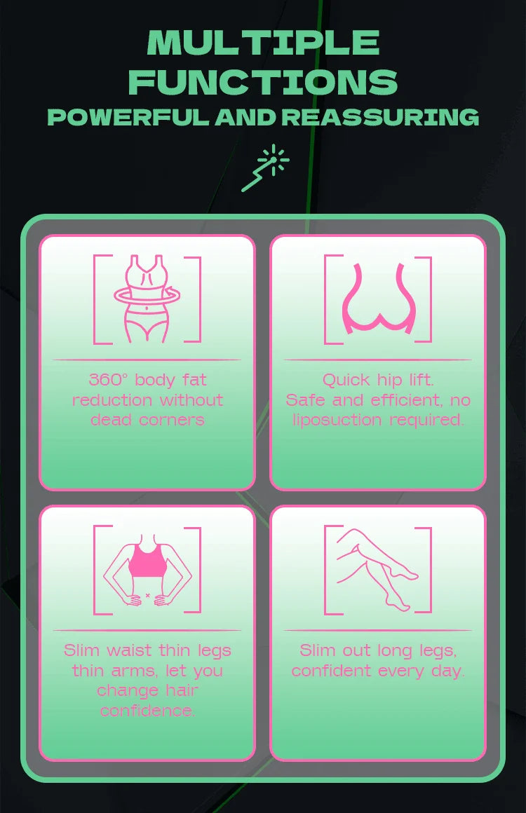 LLLT light therapy fat burning device features icons for 360-degree body slimming, hip lifting, and leg toning.