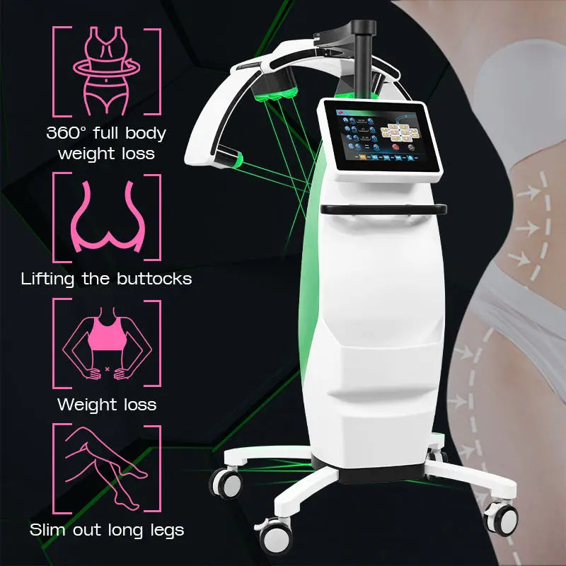 Standing LLLT laser fat removal device with green light, touchscreen, and wheels for body contouring and weight loss.