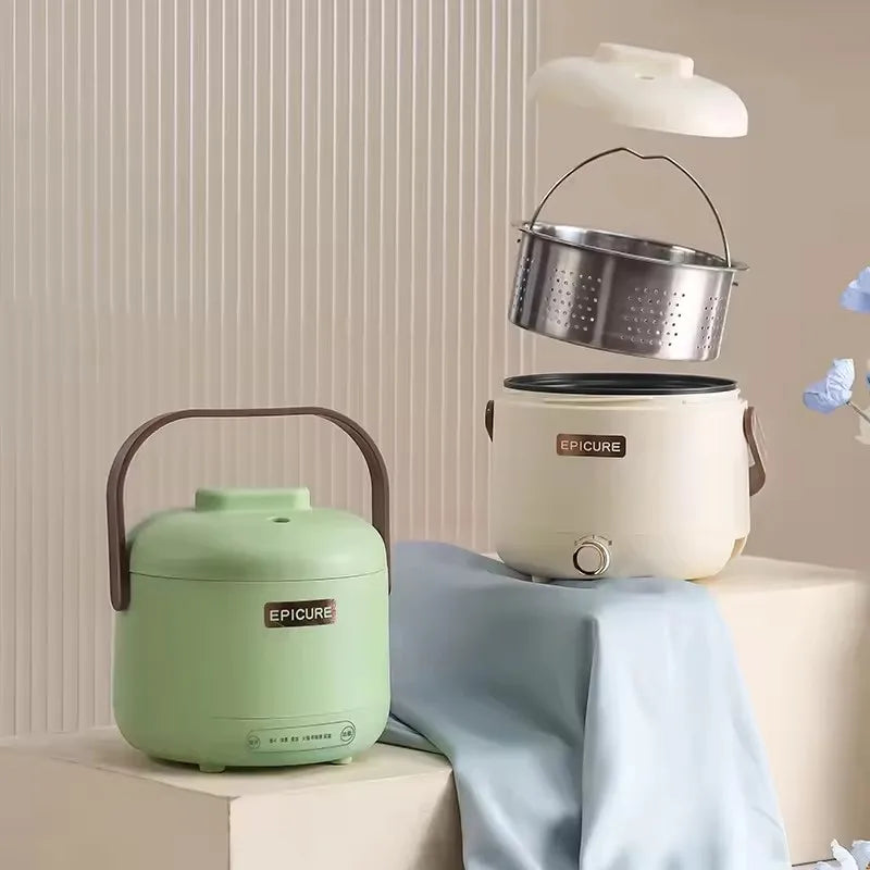 Green mini electric hot pot rice cooker with white lid and carry handle, EPICURE