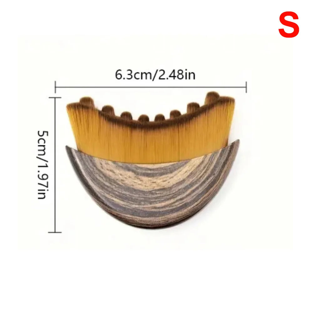 Crescent-shaped lymphatic face brush with brown wood-grain handle and soft yellow bristles, labeled with dimensions.