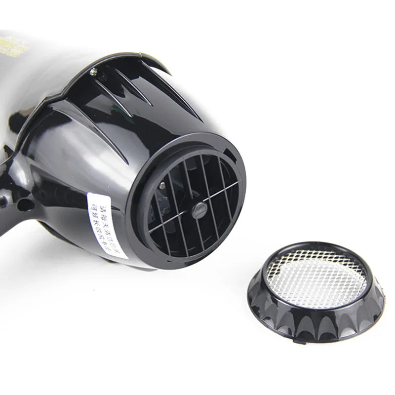 Black 2100W professional salon hair dryer with detachable mesh rear filter for easy cleaning and high airflow.
