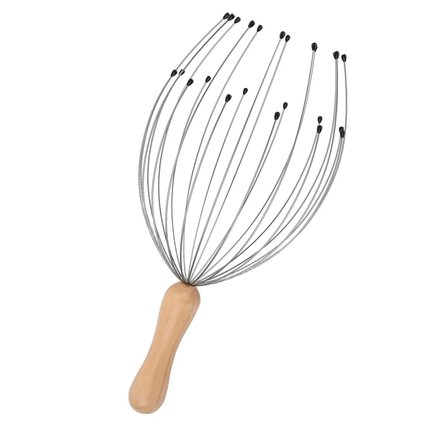 24-finger octopus scalp massager with metal wire tines and a wooden handle for relaxing head and hair stimulation.