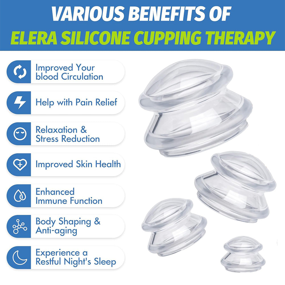 Four clear silicone cupping therapy cups of varying sizes for muscle pain relief and circulation.