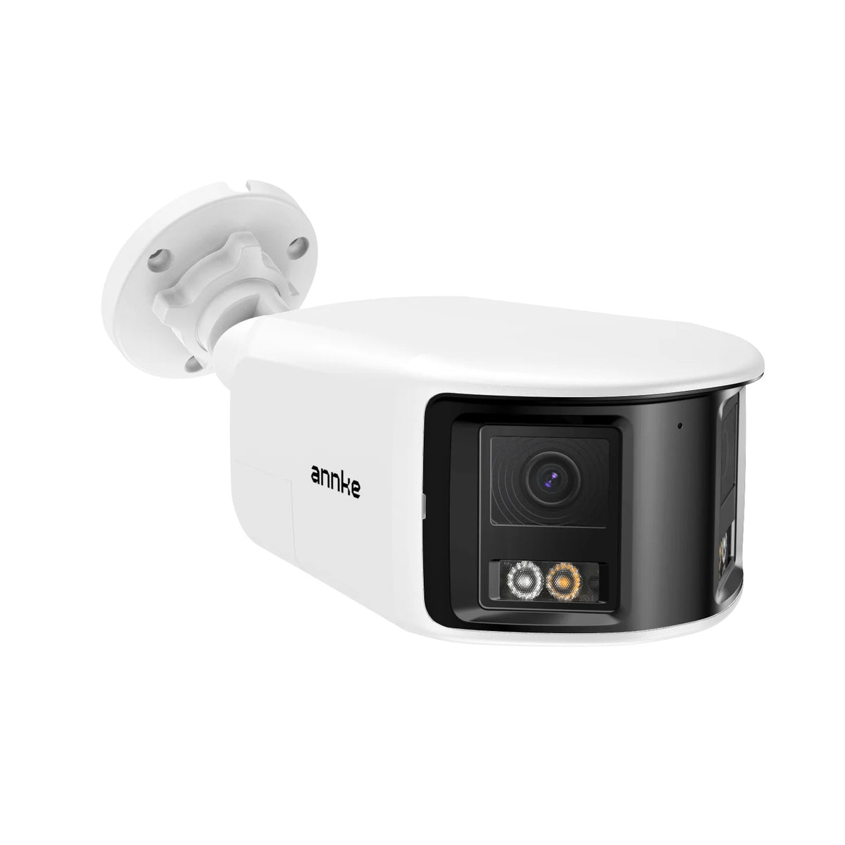White dual-lens outdoor security camera side view with mounting base and lens housing