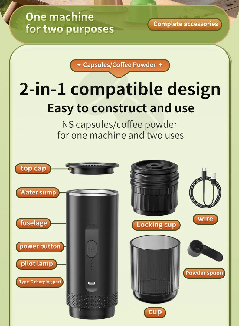 Portable 2-in-1 black espresso maker for coffee powder and capsules with USB-C charging, cup, and spoon accessories.