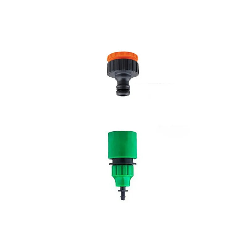 Garden drip irrigation kit quick connector with orange filter cap and green valve piece