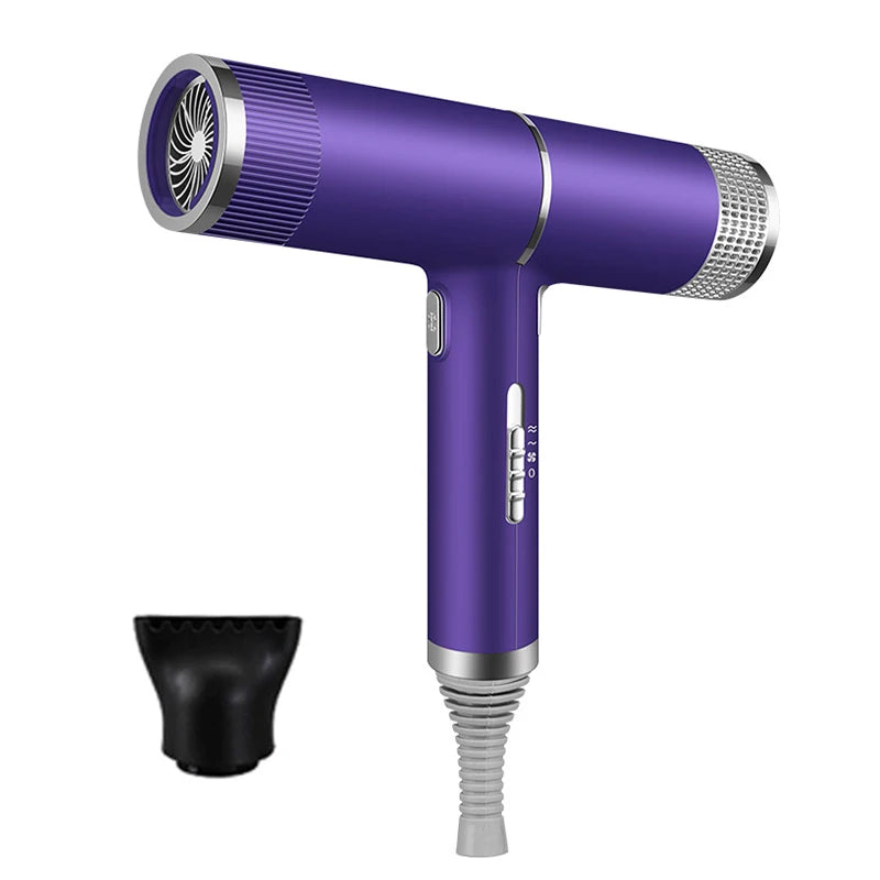 Purple quick-drying negative ion hair dryer with nozzle attachment, intelligent heat settings, and quiet motor design.