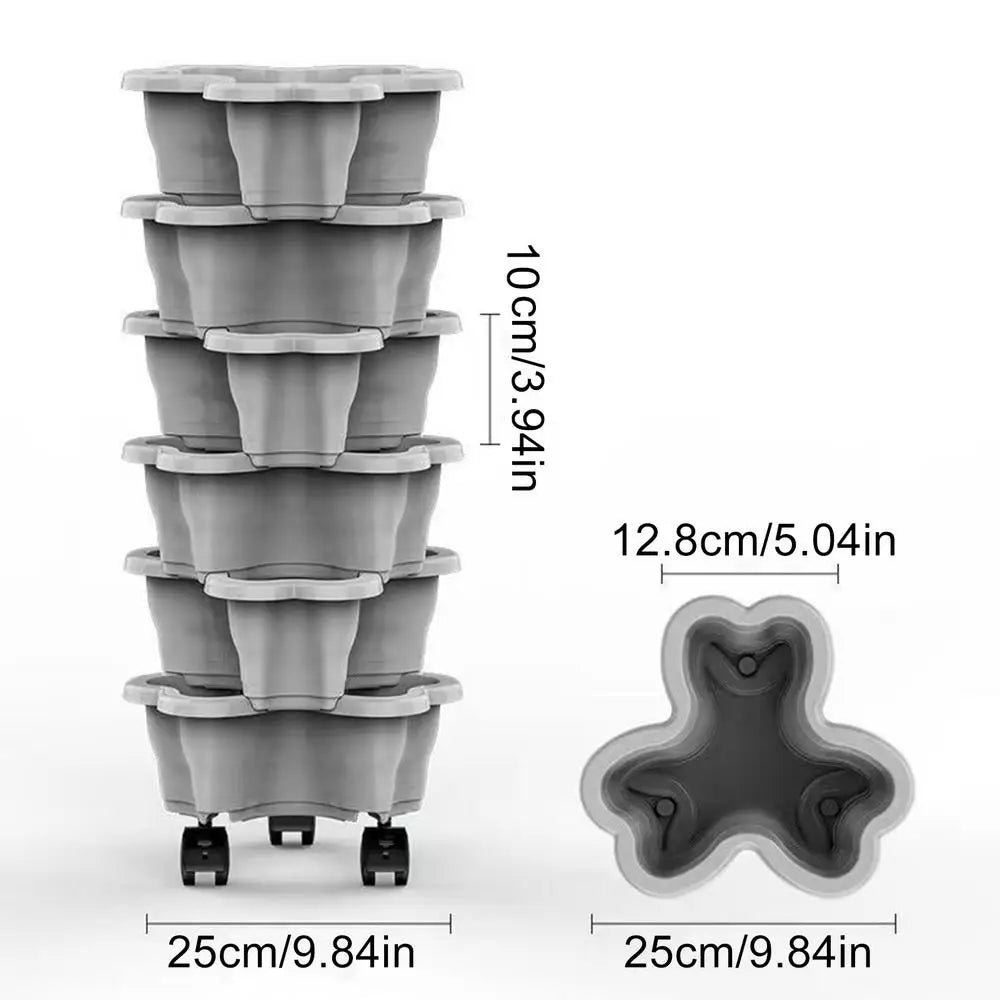 6-tier plastic vertical planter tower with rolling casters, capacity and size labels diagram