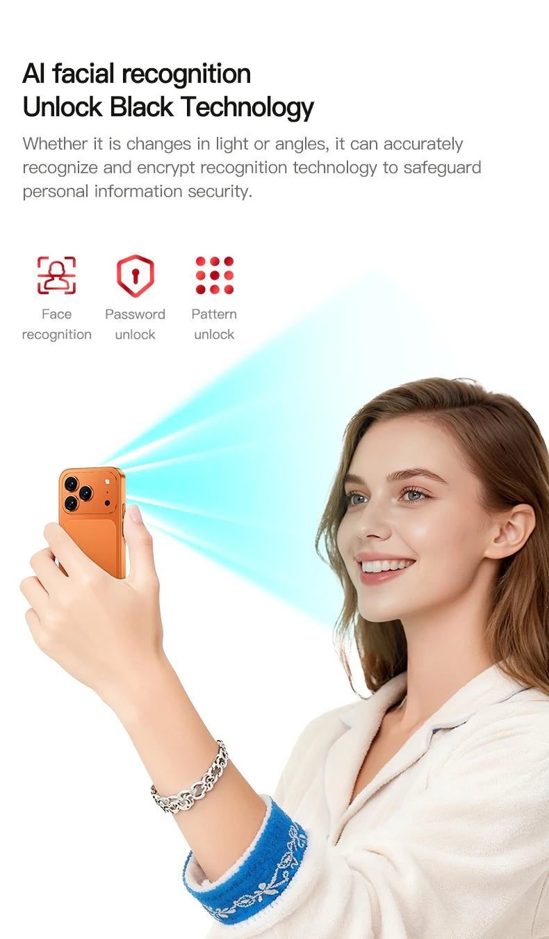Orange ONEMYTH A18 Pro 4G mini smartphone, 4-inch display, showing back view and AI face unlock feature.