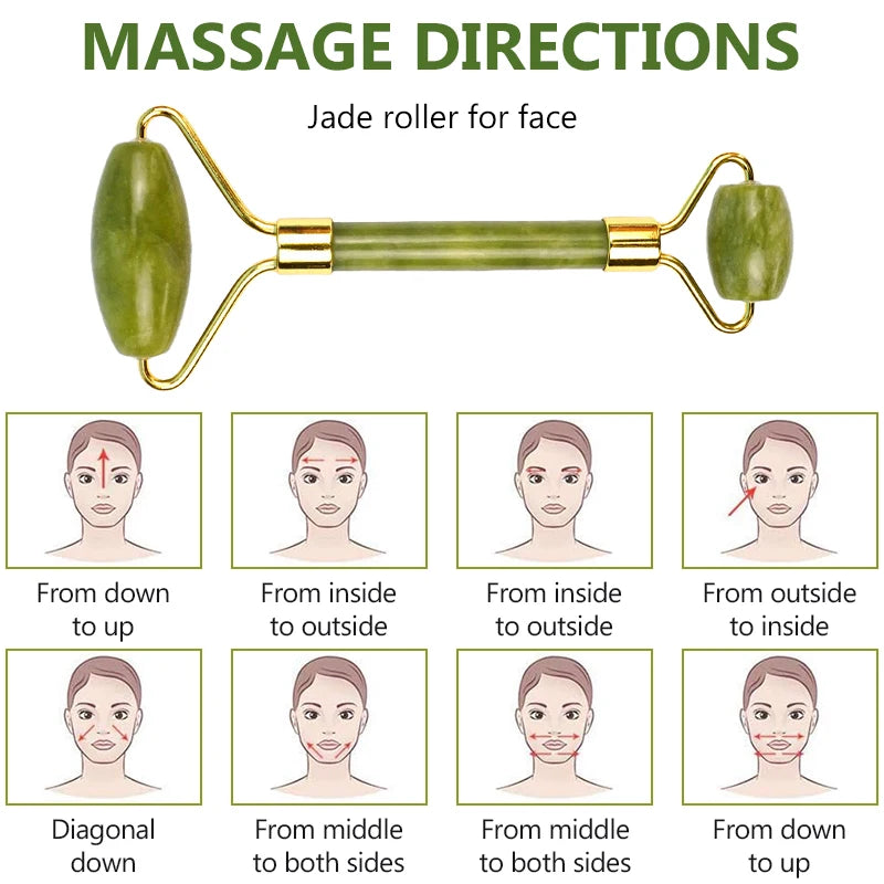 Green jade face roller with gold-tone metal frame and instructional diagrams showing various facial massage directions.