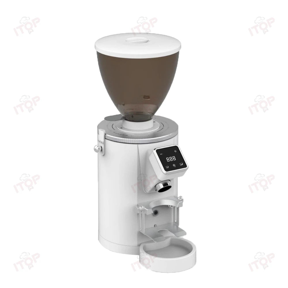 ITOP white professional electric coffee grinder with digital display, translucent hopper, and adjustable portafilter.