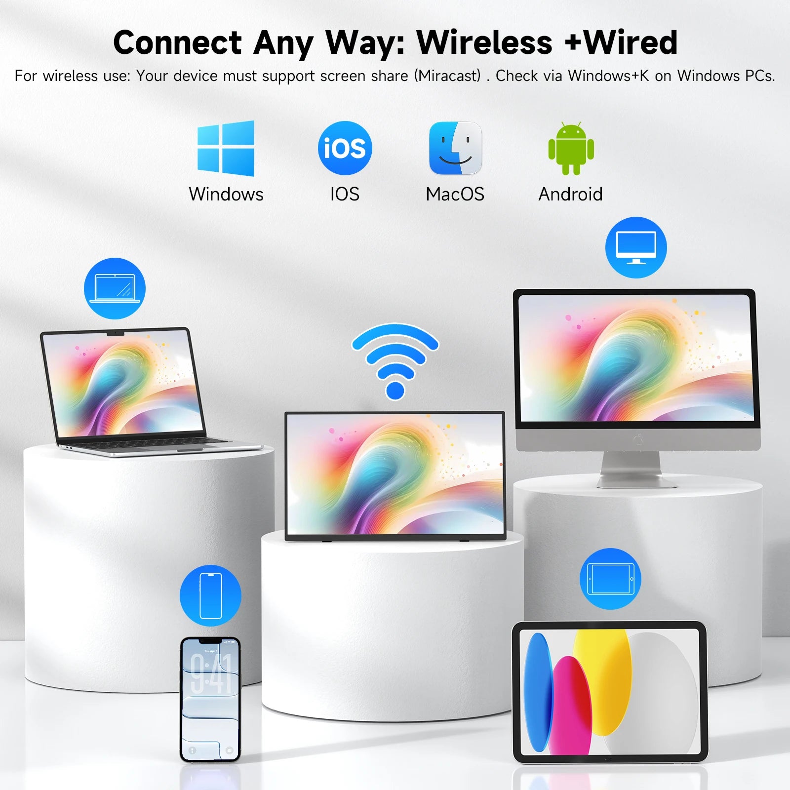 UPERFECT Wireless Portable Monitor Battery-Powered 8000mAh Support AirPlay Miracast 15.6" 1080P IPS USB-C HDMI External Display
