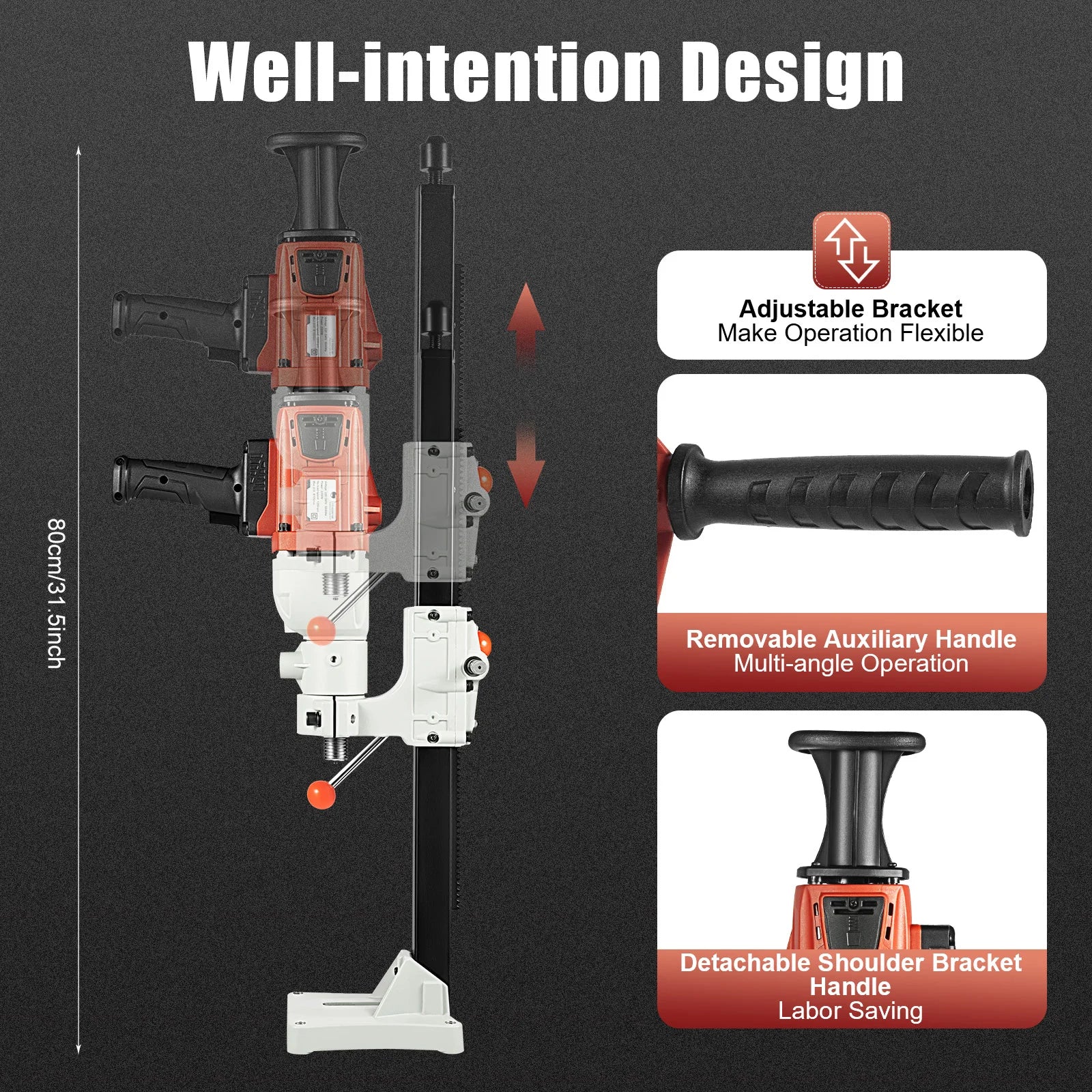 2200W Vertical Handheld Dual Use Diamond Core Drill CD-S2200-180A EU 220V 1200RPM Copper Water Seal Max 180mm Drilling Diameter Adjustable Bracket Red Concrete Wall Drilling Industrial Construction Power Tool