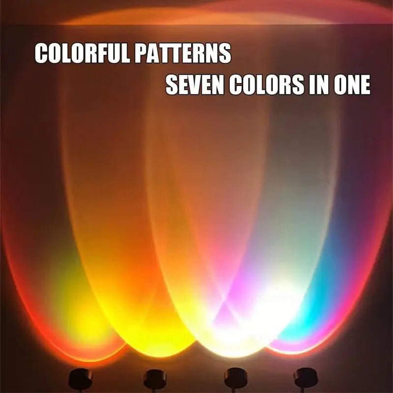 Sunset lamp projecting colorful, oval-shaped light patterns onto a wall, displaying seven shifting light colors.