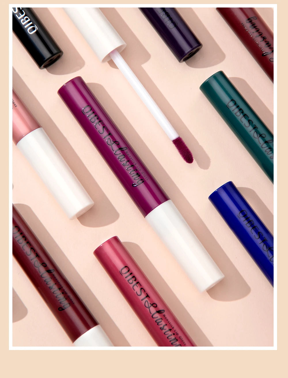 Collection of colorful matte liquid lipsticks and lip glosses with applicator wand, long-lasting velvet lip stain set.