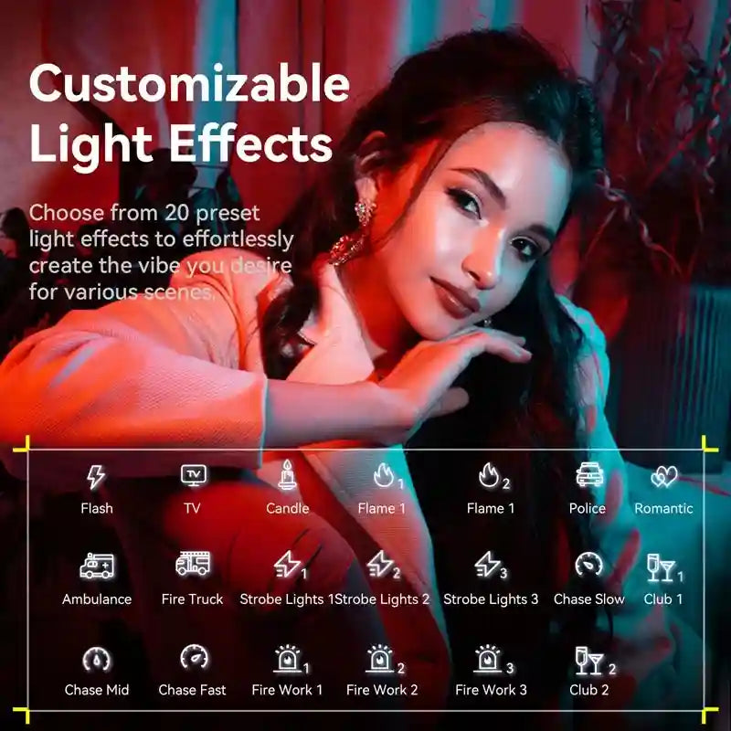 Smart LED light display showing 20 selectable scene modes for colorful, customizable ambient lighting.