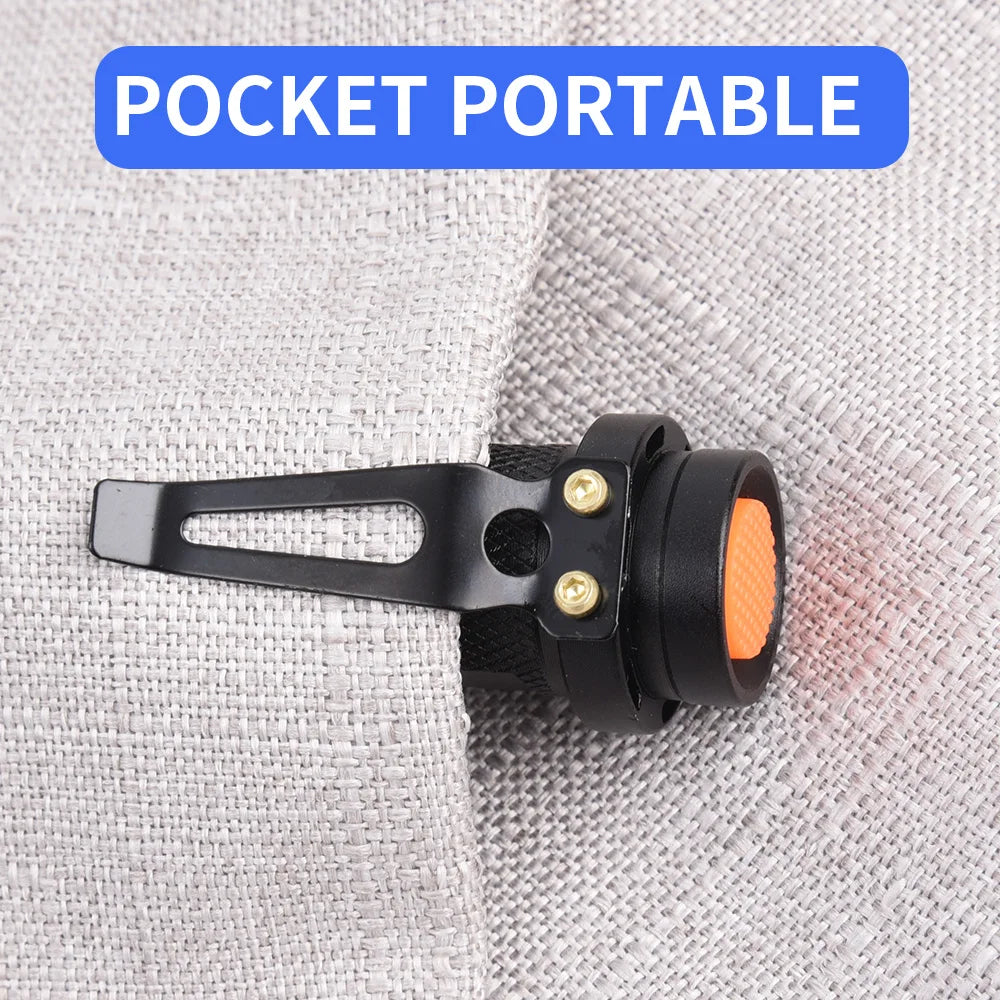 Portable mini UV flashlight with clip for detecting pet urine stains on fabric, compact black design.
