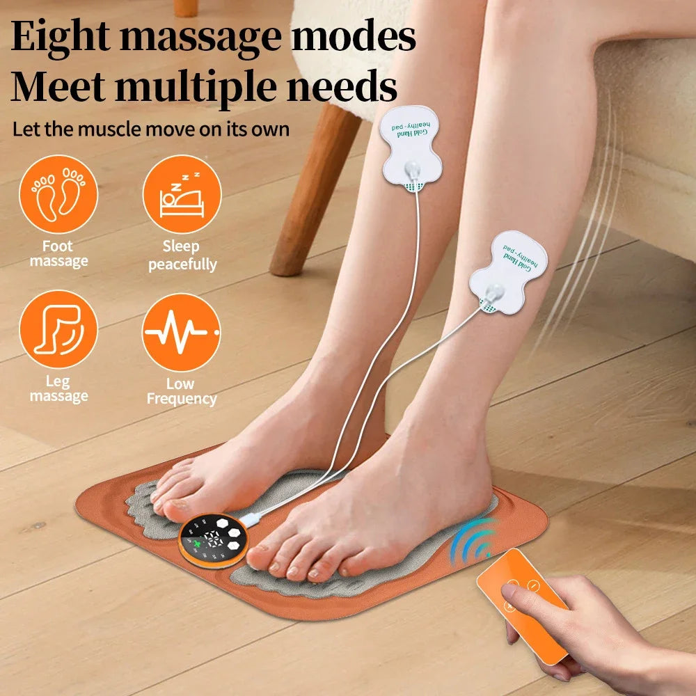 Smart EMS foot massage pad with remote, 8 modes, 29 levels, and electrode patches for leg muscle relief and circulation.