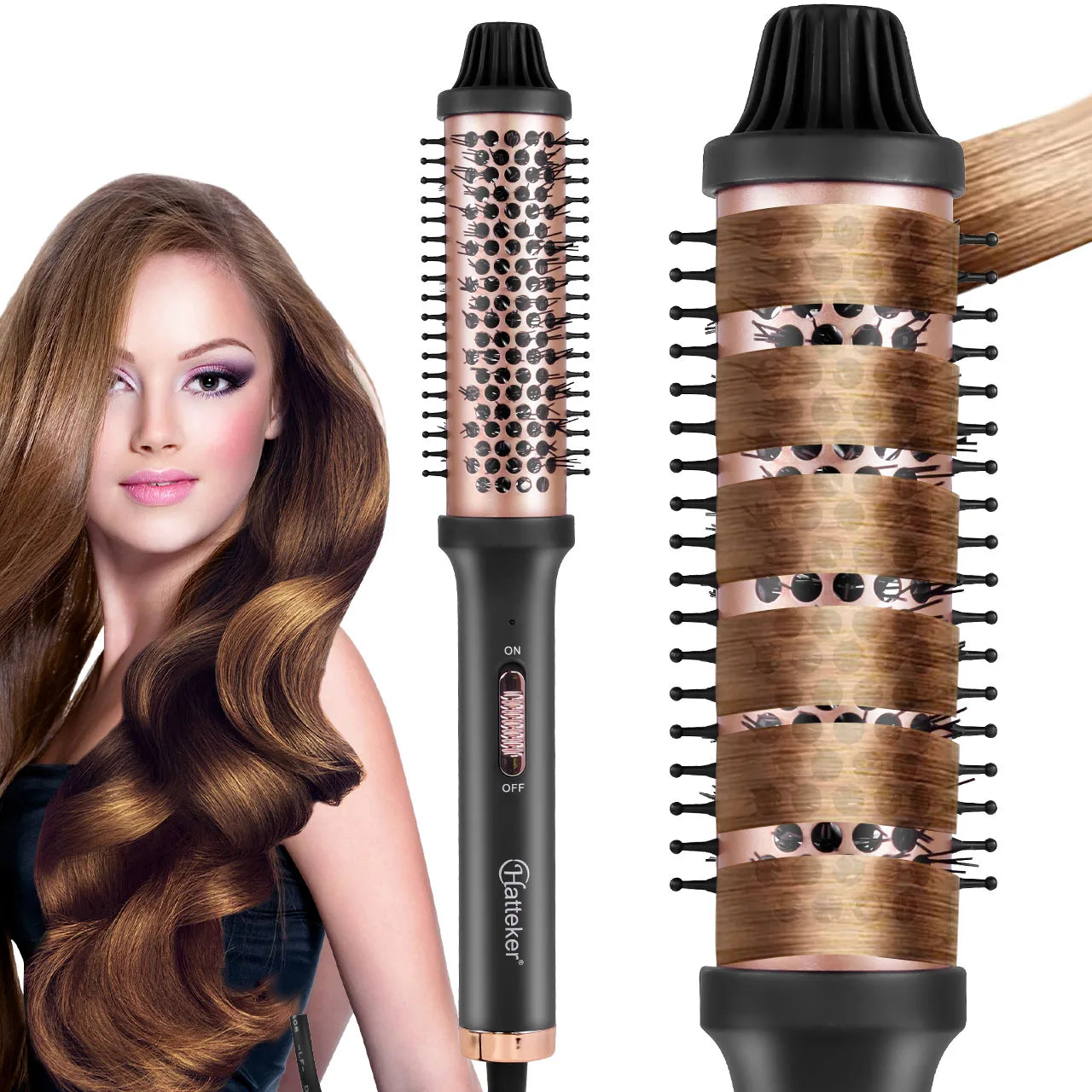 Hatteker rose gold electric curling brush for styling long or short hair with heat-resistant bristles for salon curls.