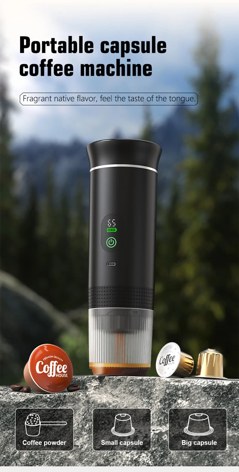 Black portable capsule coffee maker with LED display, USB-C charging, and compatible with coffee powder and capsules.