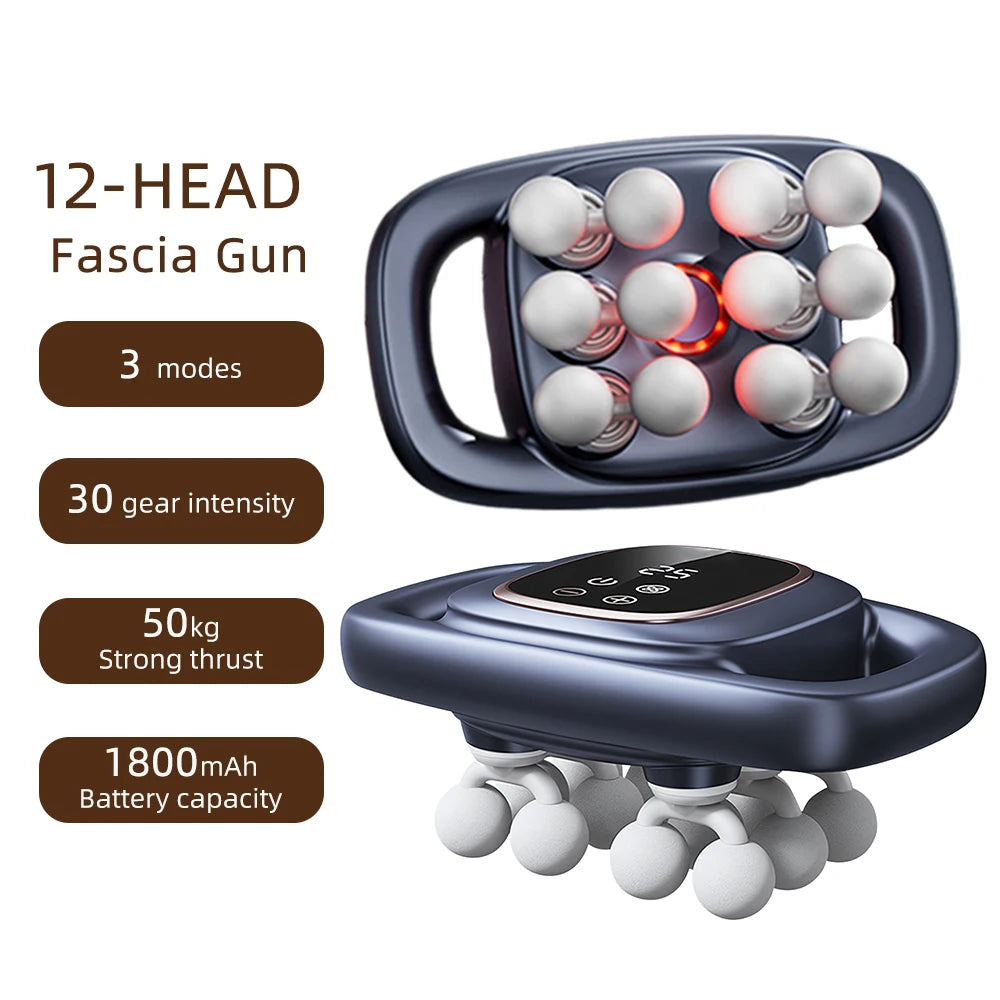 Dark grey 12-head fascia massage gun with white rounded nodes for deep tissue muscle recovery and body massage.