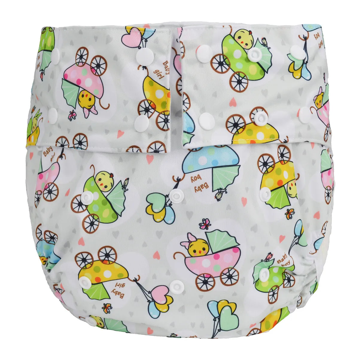 Reusable baby cloth diaper with snaps, featuring a cute baby carriage and balloon print on a white background.