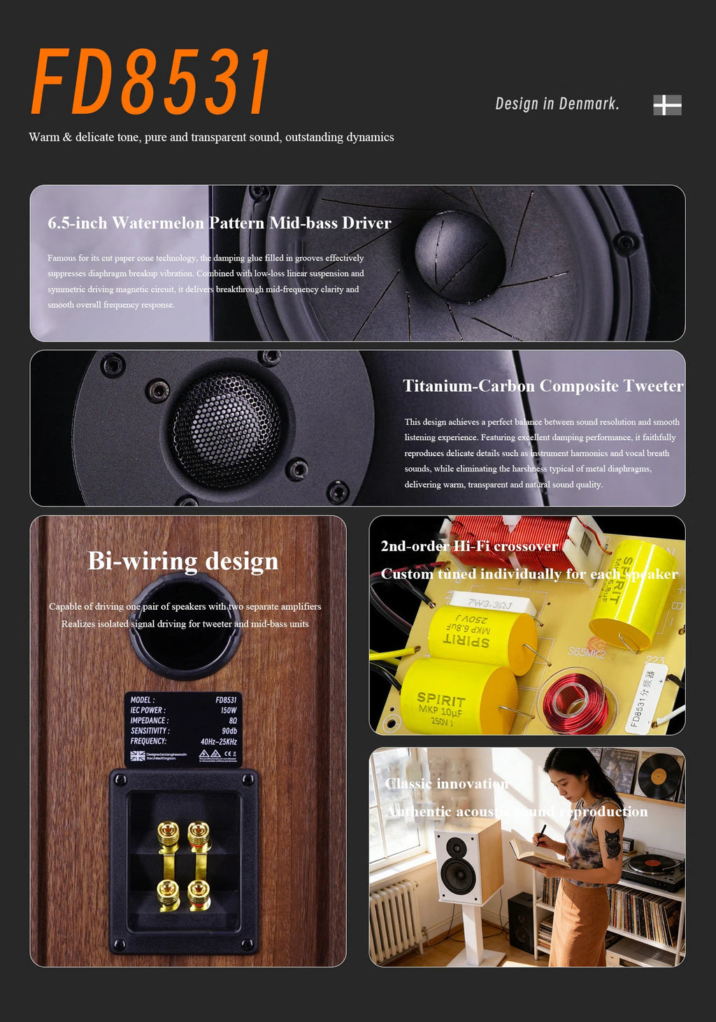 High-end 6.5-inch HIFI Passive Bookshelf Speaker 2-way Crossover Bi-wiring Connection 150W High-fidelity Wooden Audio Speaker