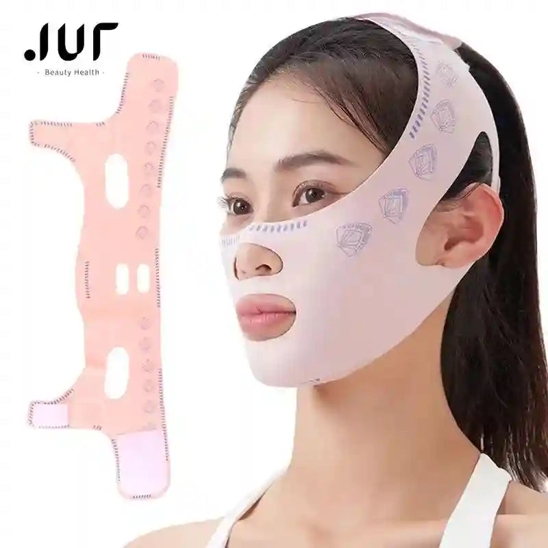 A light pink face-sculpting bandage with a fan pattern, worn by a woman to lift the chin and cheeks.