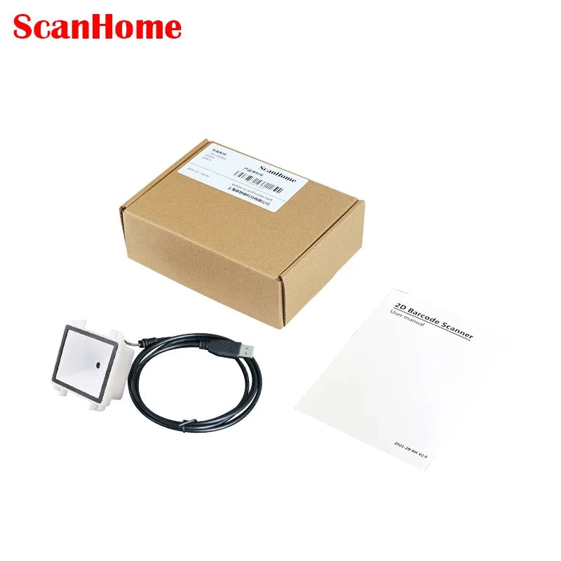 Embedded barcode scanner kit with white module, cable, and instruction sheet in box