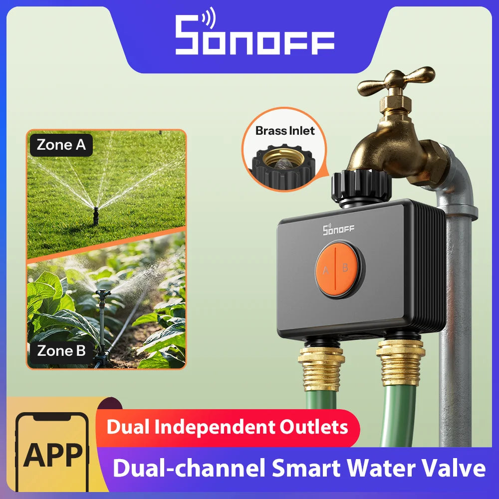 SONOFF Garden Watering Timers 2 Outlet Sprinkler Hydro DUO Dual-Channel Zigbee Smart Water Valve With Flow Meter SWV-ZF2E