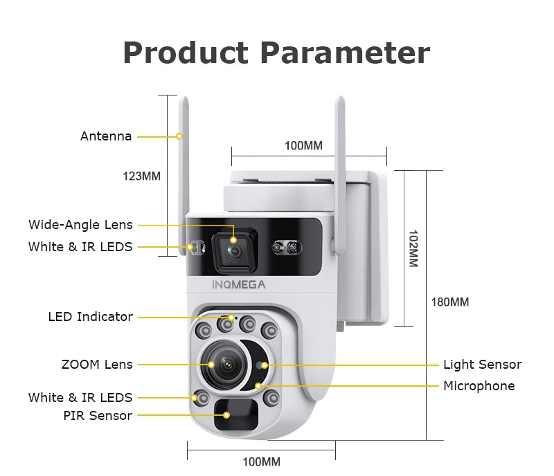 INQMEGA 12MP 60X Optical Zoom 4G/WiFi Solar Camera Dual Screen PTZ PIR Detection Auto Tracking CCTV Surveillance Cameras Ubox