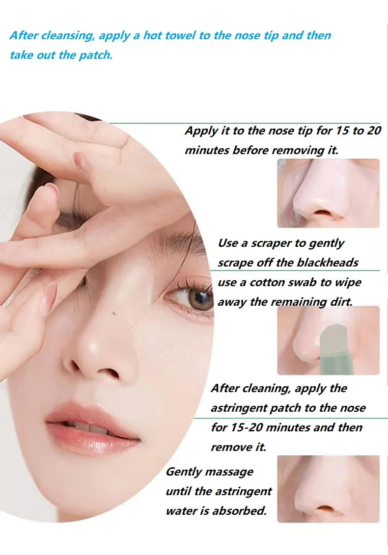 Infographic showing steps to use a nose pore strip and plastic scraping tool for blackhead removal on the nose.