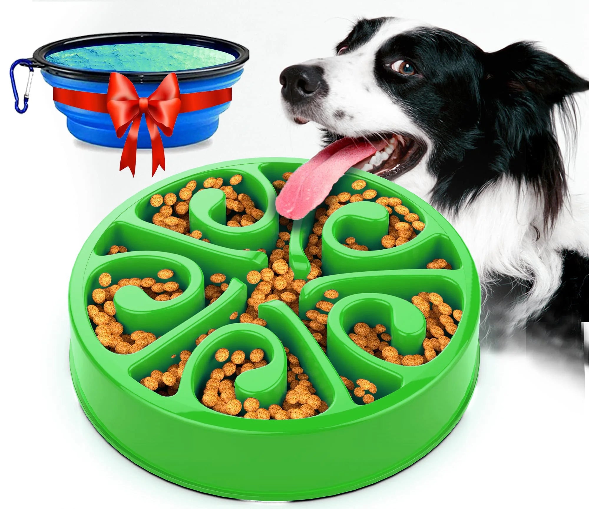 Green non-slip slow feeder bowl for dogs to prevent gulping and aid digestion, with portable blue travel bowl.