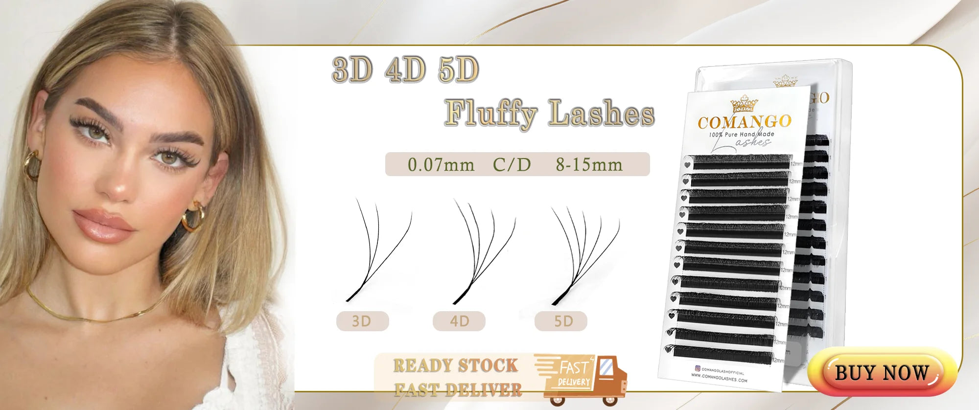 Black individual 3D to 5D fluffy lash extension trays with 0.07mm thickness for professional eye enhancement.