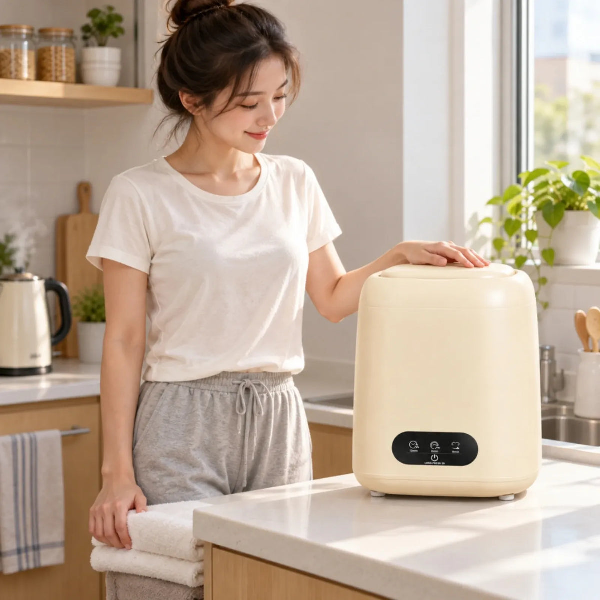 Portable washing machine in cream on kitchen counter with a woman holding fresh laundry.