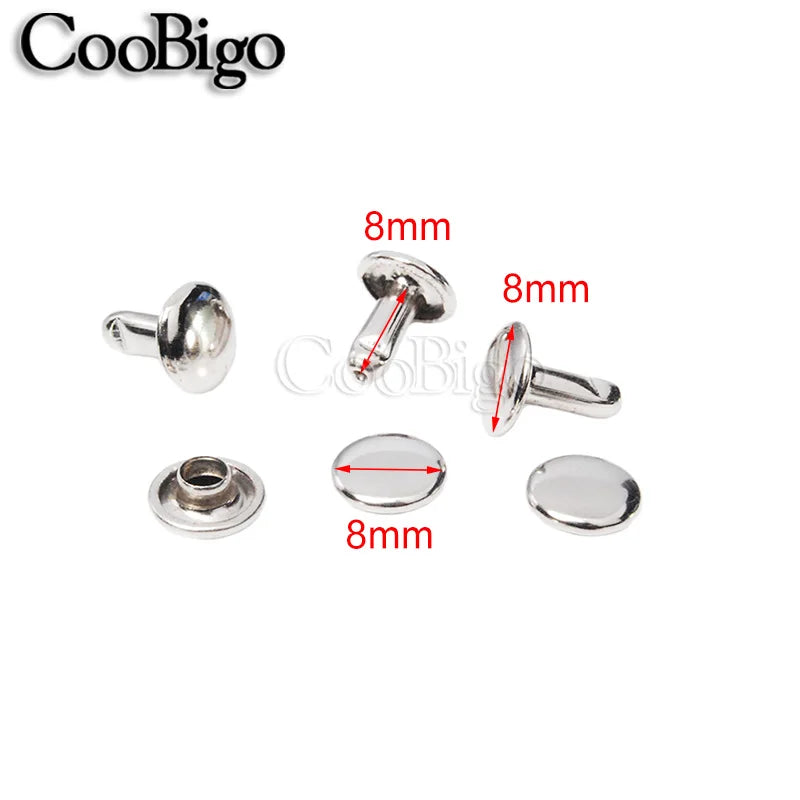8x8mm silver metal double cap rivets for DIY leather pet collars, bags, and clothing craft projects.