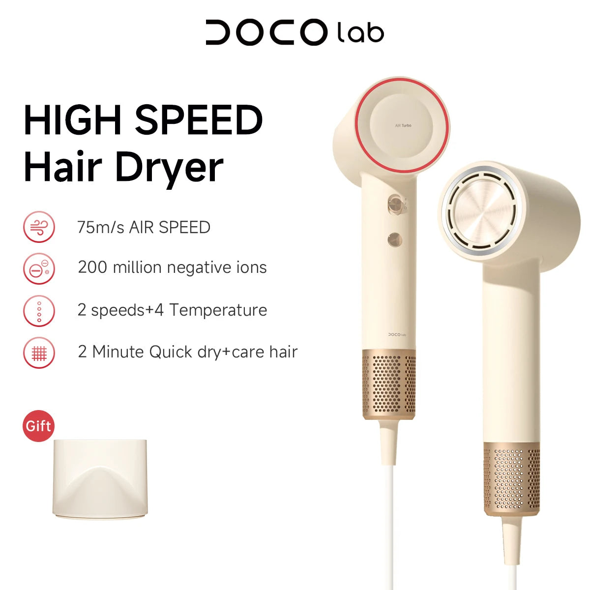 DOCO high-speed hair dryer in beige with gold accents, 200M negative ions, magnetic attachment, and fast-dry technology.