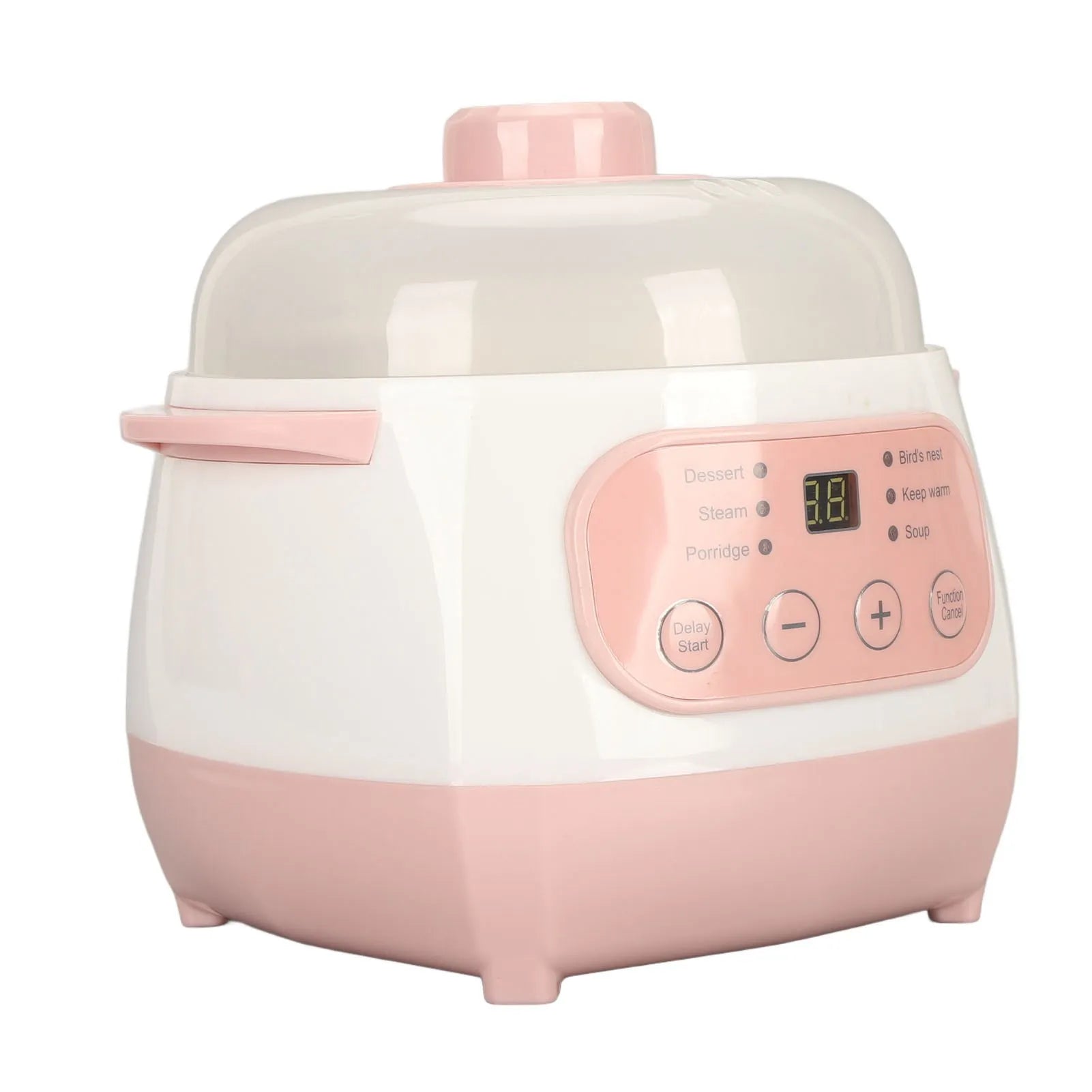Pink mini electric rice cooker with clear lid, pink handle, and LCD control panel