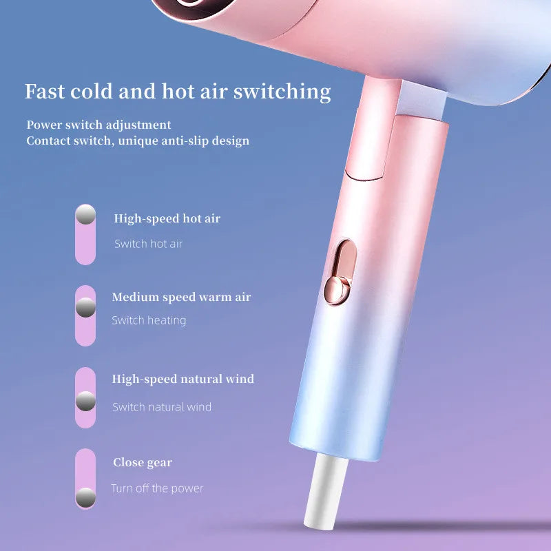 Pink and blue gradient mini hair dryer with ionic, quick-dry technology and adjustable hot/cold speed settings.