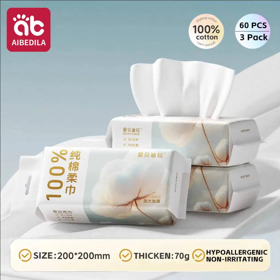 AIBEDILA 3-pack baby cotton wipes, 60 pcs each. Hypoallergenic, 200x200mm thickened soft baby care wipes.