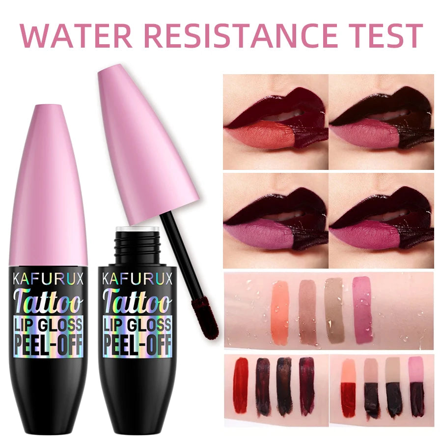 Kafurux long-lasting waterproof peel-off lip gloss showing liquid lipstick shades, matte texture, and water resistance.