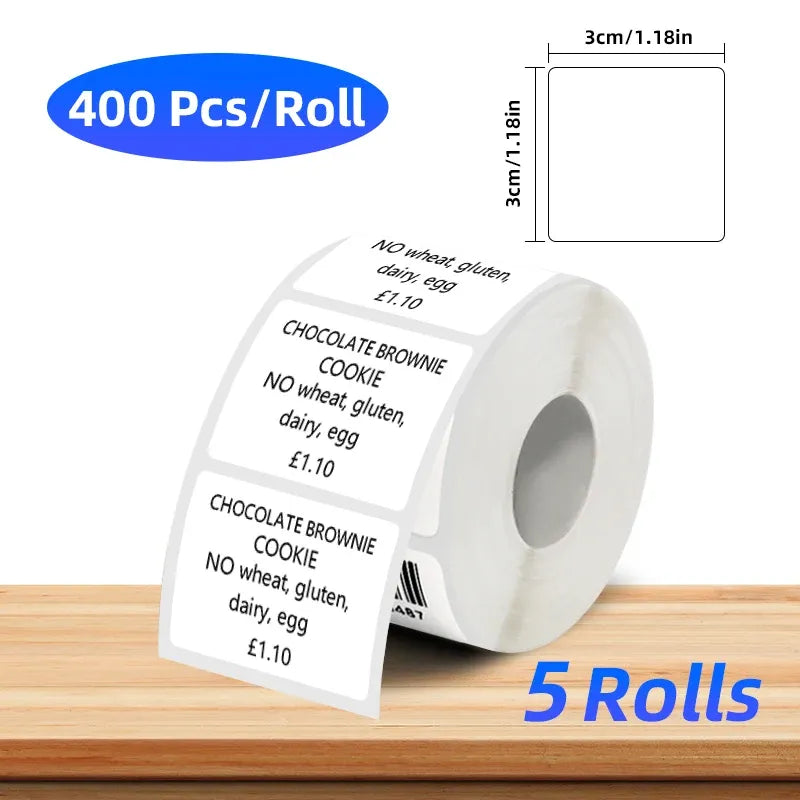 Coreless white thermal label roll with 400 labels per roll, blank label area