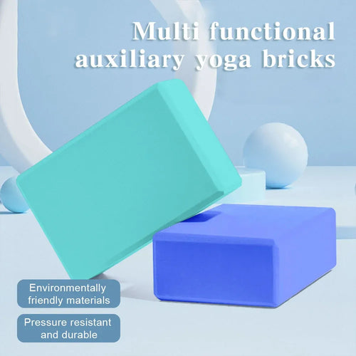 High Density Yoga Foam Blocks, smart yoga mats accessory, side angle view of blue and teal Pilates exercise bricks.