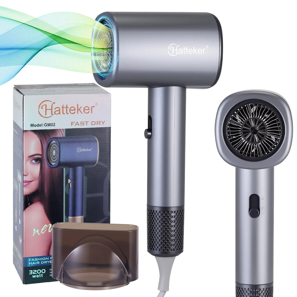 Grey Hatteker 3200W professional hair dryer with nozzle attachment, 6-level heat settings, and fast-drying technology.