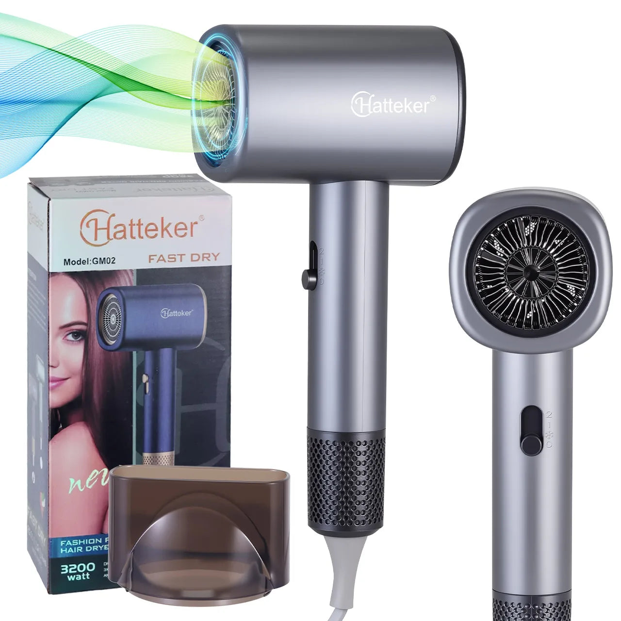 Grey Hatteker 3200W professional hair dryer with nozzle attachment, 6-level heat settings, and fast-drying technology.