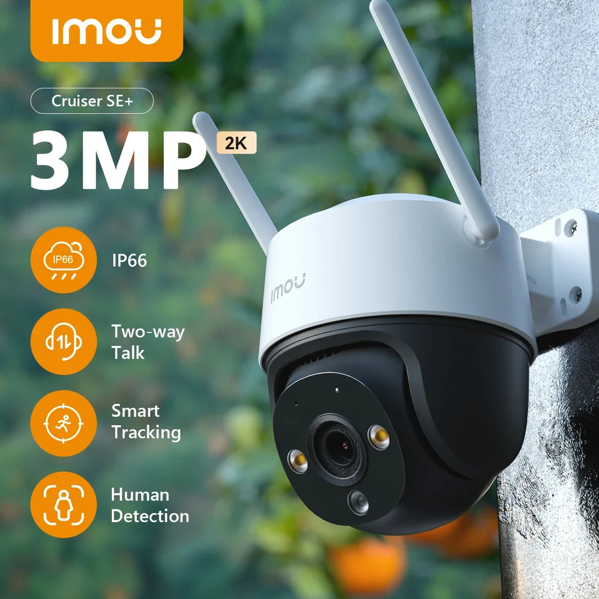 Outdoor Wi‑Fi security camera with white dome housing and two antennas, IP66 rated.