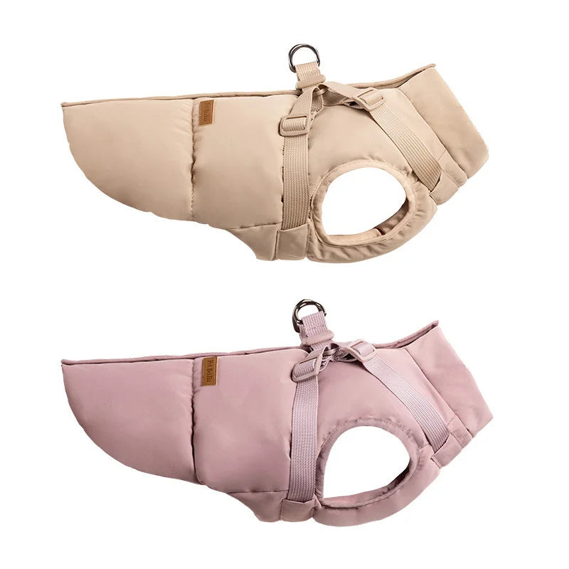 Beige and pink insulated winter dog jackets with integrated harness for warm, comfortable outdoor walks.