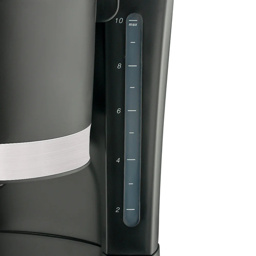 Black 10-cup coffee maker water level indicator window with visible measurement markings.