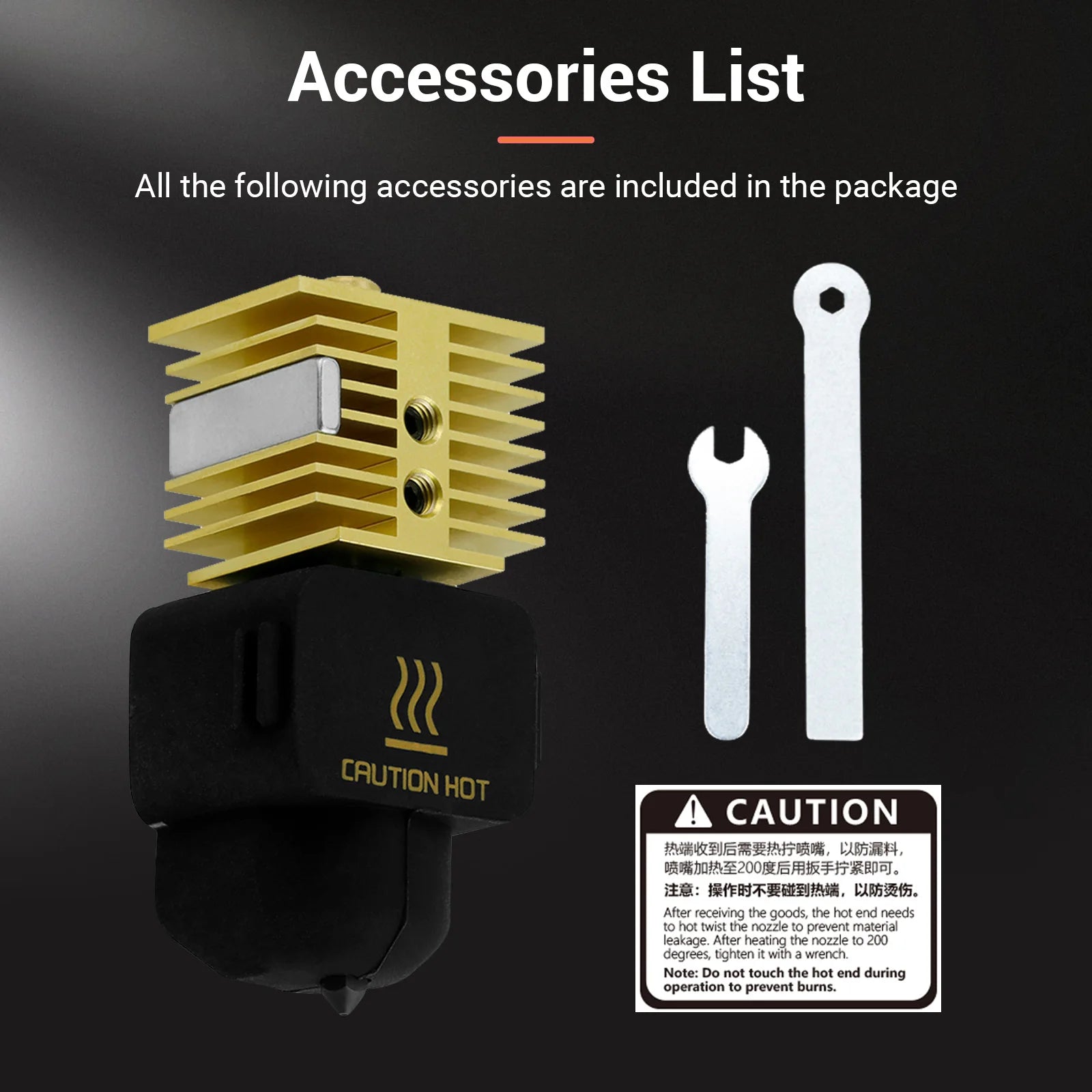 Bambu Lab A1 Mini hotend replacement parts with gold heatsink, wrenches, and safety caution label for 3D printing.